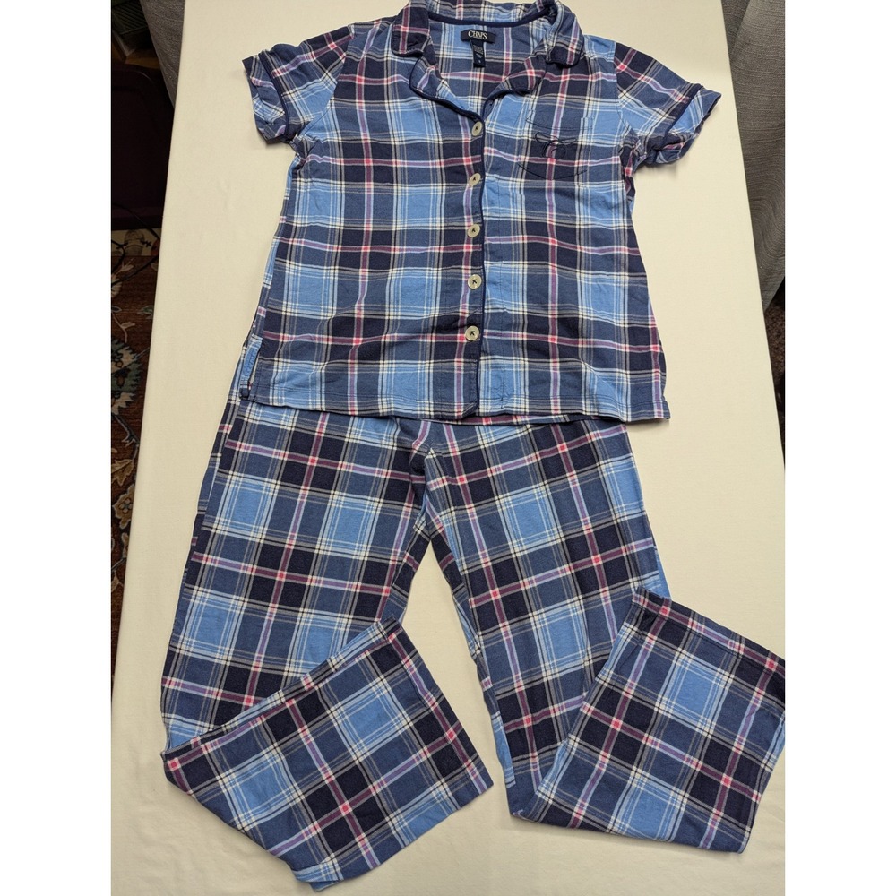 Chaps Womens Blue Pink Plaid Pajama Set Short Sleeve Top Pants Small